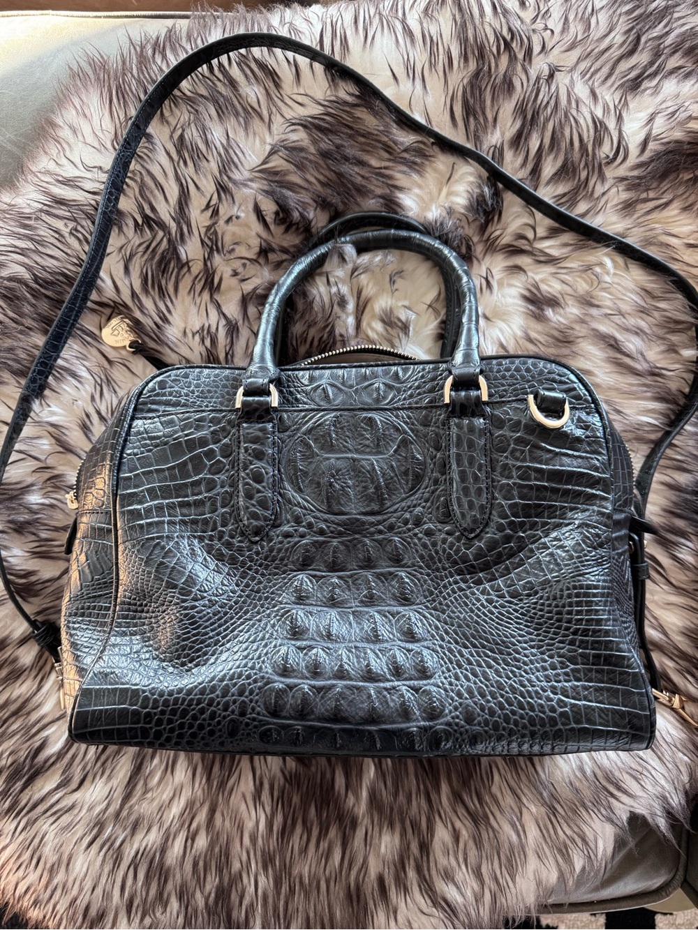 Brahmin Marissa Black Croc-Embossed Soft Leather Tote Bag